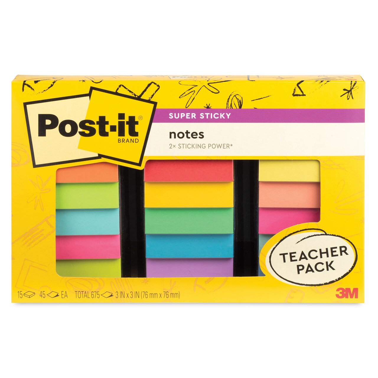 Post-it Super Sticky Notes - Pkg of 15, 3" x 3", Bright Colors Teacher Pack, Blank